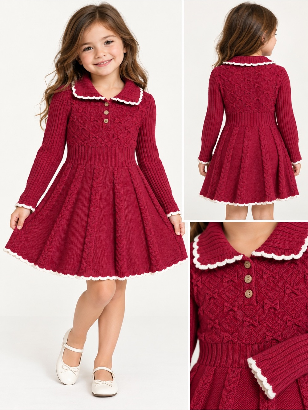 Classic Burgundy Knit Dress with White Trim for Girls